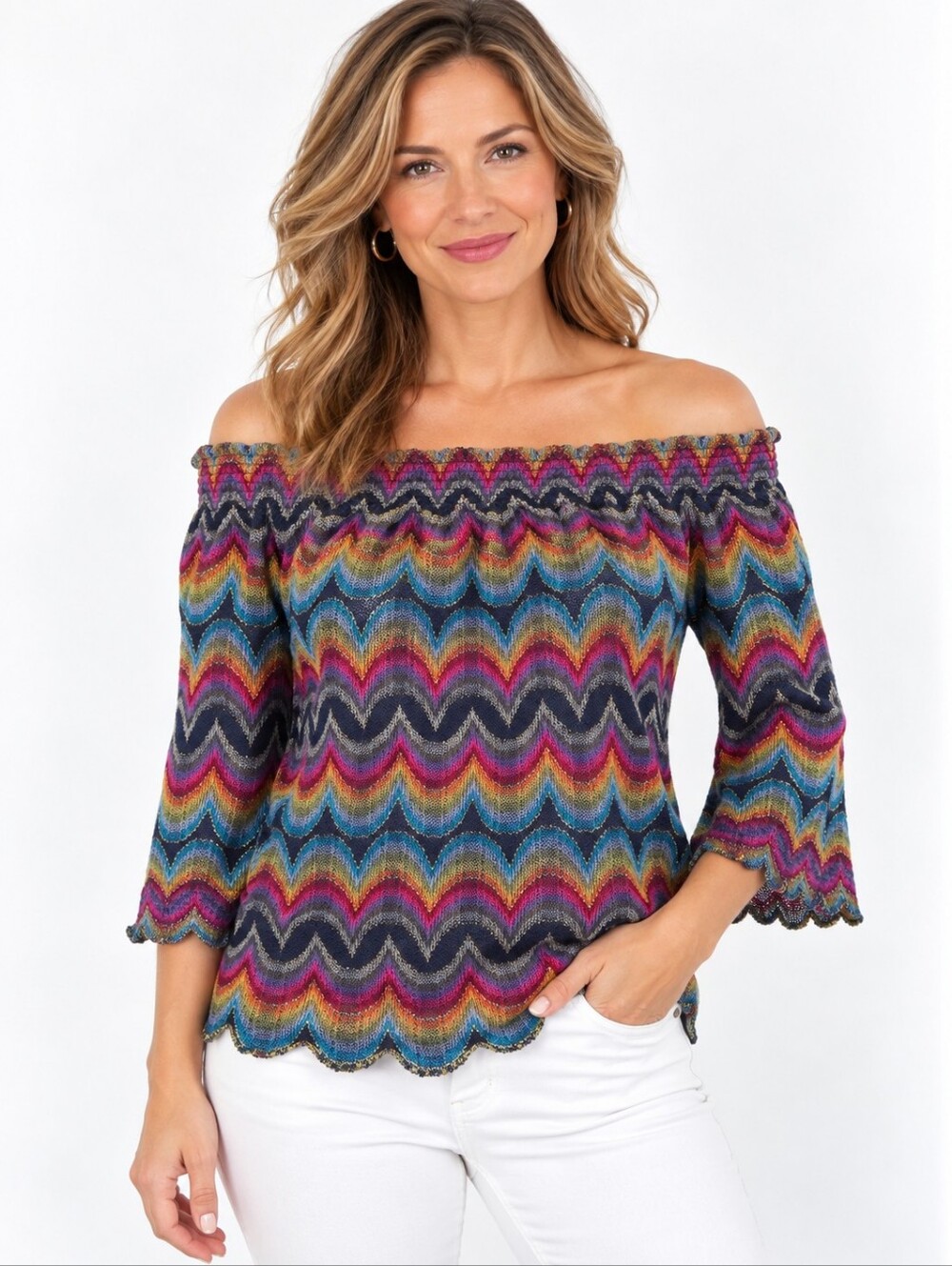 Trina Turk Off Shoulder Top Womens M Multicolor Chevron Metallic Knit Blouse